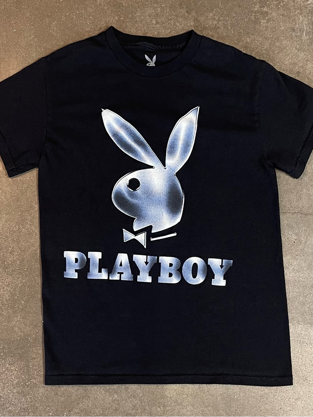 Playboy Bunny Logo Graphic T Shirt Black Metallic Blue Y2K Tee - Picture 2 of 7